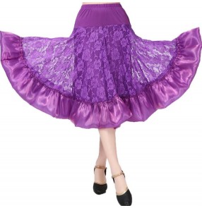 Purple violet fuchsia hot pink black red lace stain patchwork big swing women's ladies female performance competition latin samba salsa ballroom dance skirts